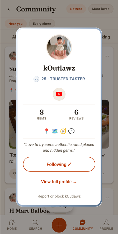 A collector card with credibility tier, gem count, social links, and a Follow button