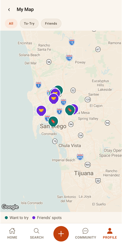 The personal map: teal markers for places to try, violet for friends' spots, with layer filter chips